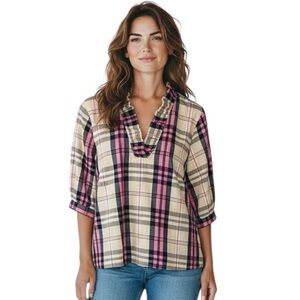 Crown & Ivy Women’s XL Pink Plaid Peasant Blouse – Ruffle Neck NWOT
BB